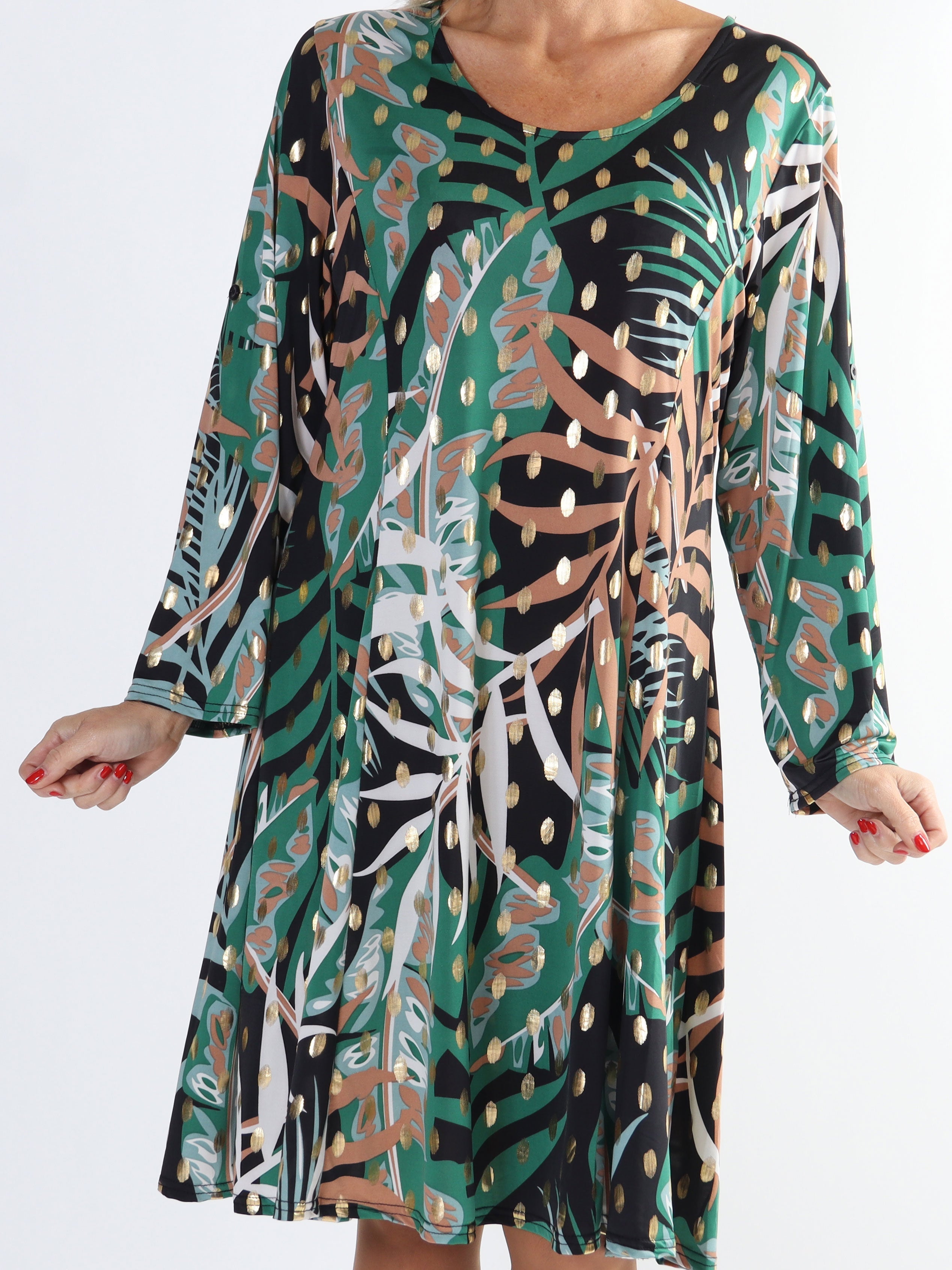 May Forest L/S - Mönstrad klänning med gulddetaljer i större storlek